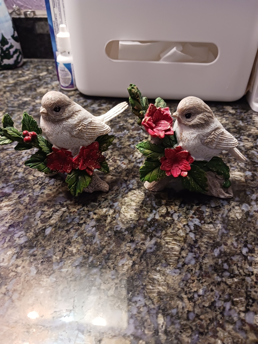 Source Unknown White Bird Figurines with Red Flowers and Green Leaves